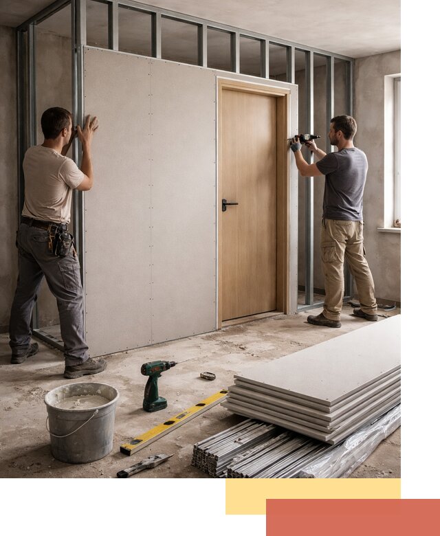 Перегородка из гипсокартона с дверью под ключ в Усть-Джегуте