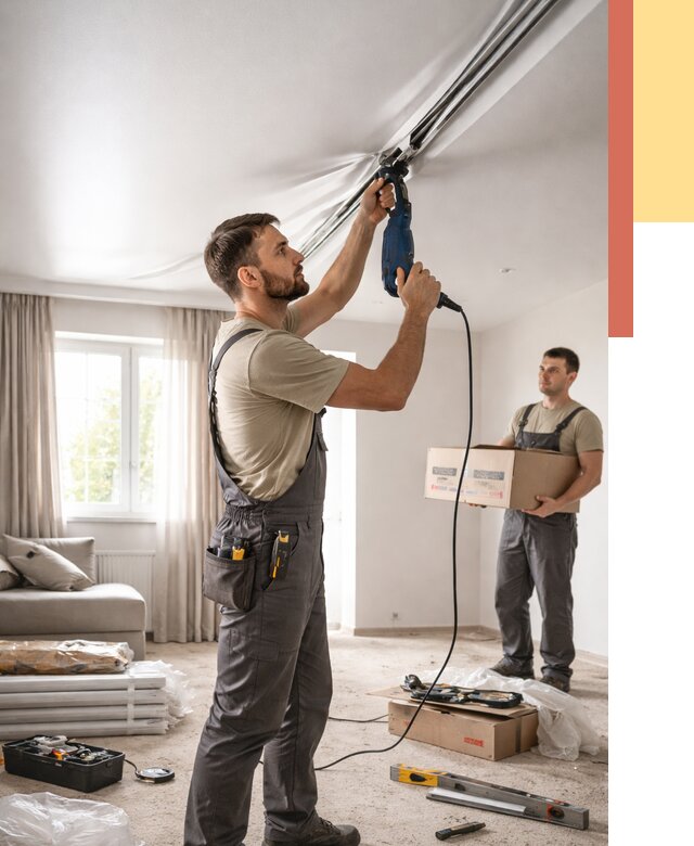 Монтаж сатинового натяжного потолка в Усть-Джегуте от 3543 руб. | Быстро, недорого — ОТДЕЛОЧНИК-Стд