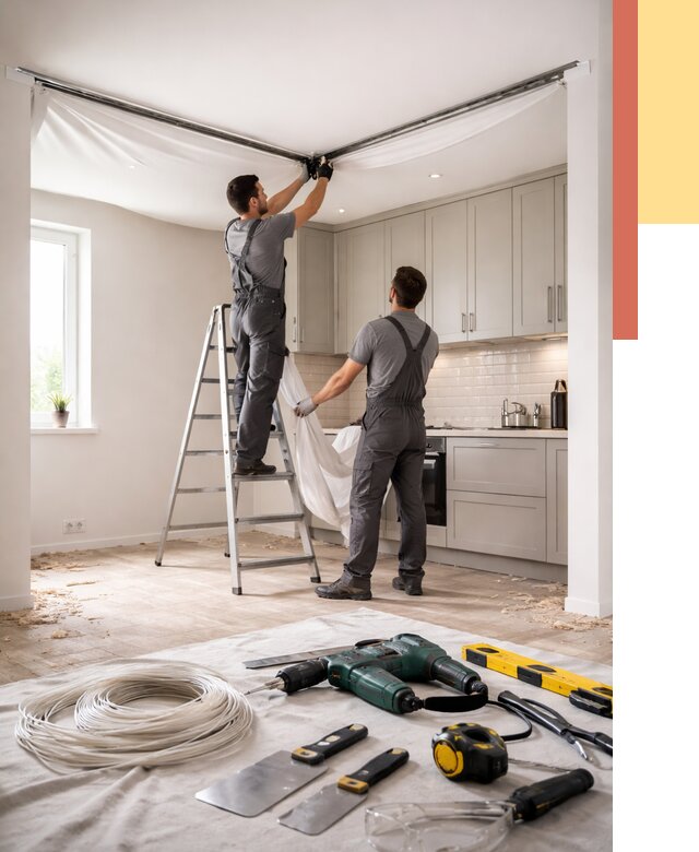 Установка натяжного потолка на кухне в Усть-Джегуте от 2430 руб. | ОТДЕЛОЧНИК-Стд